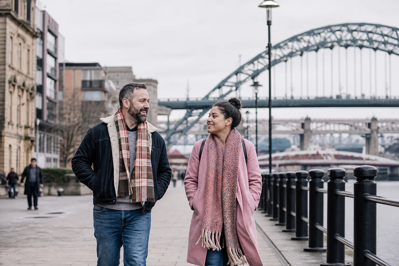 A person updating their dating profile on a phone beside the River Tyne