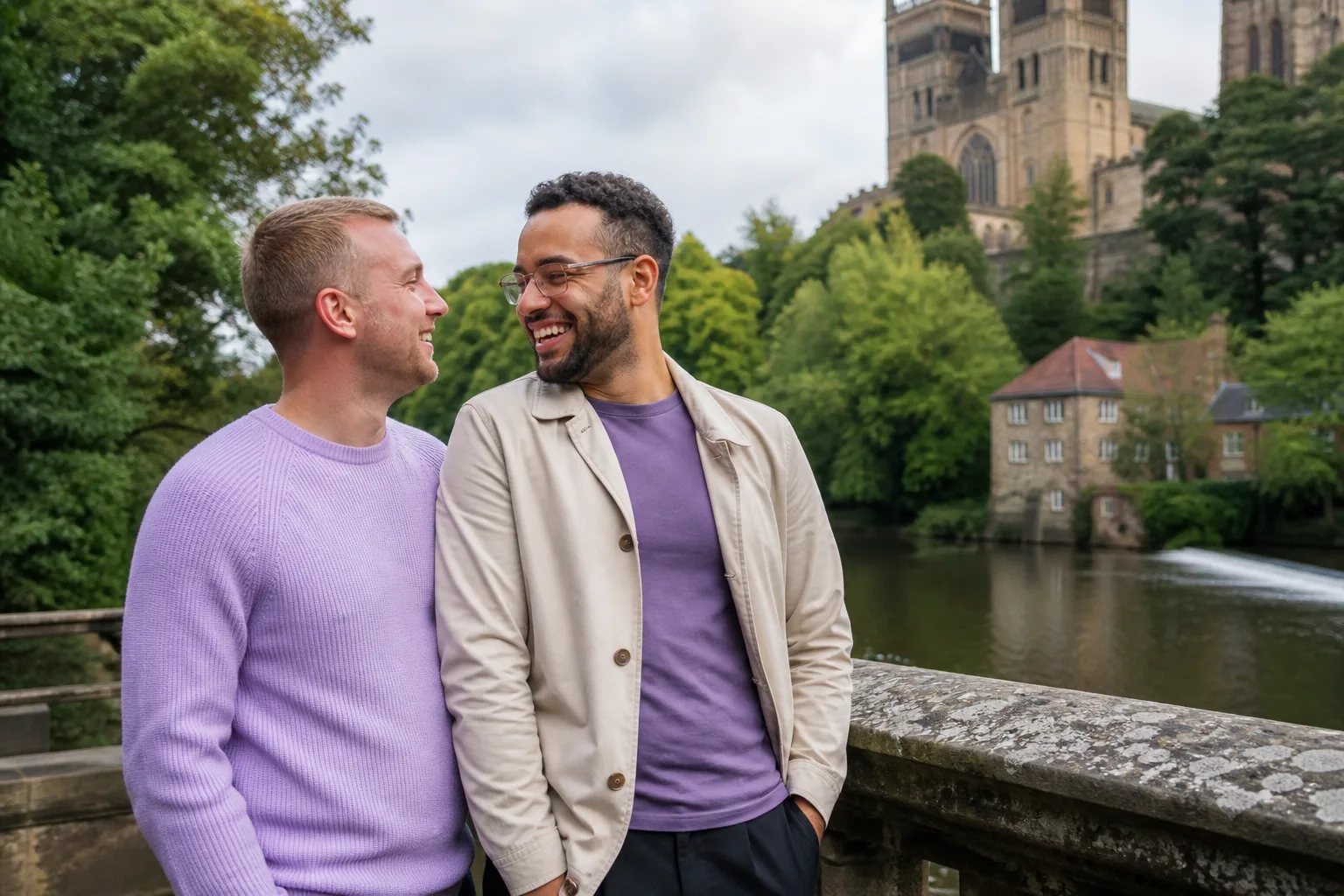 Two men enjoying a relaxed conversation beside the River Wear in Durham