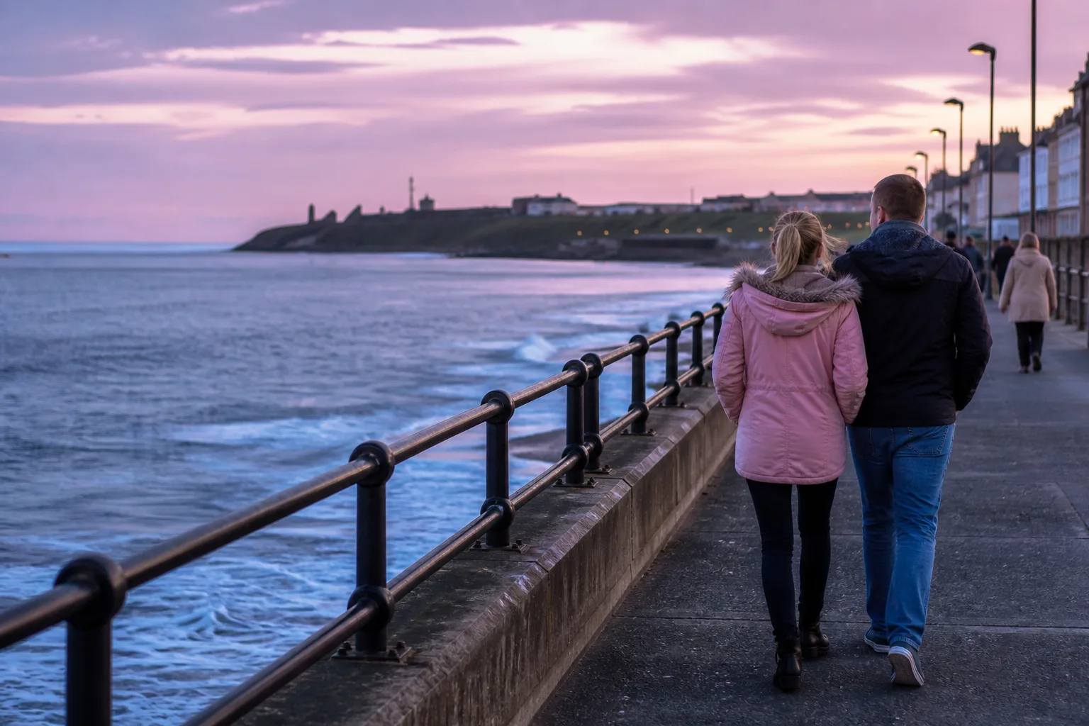 Two people enjoying a relaxed walk beside the sea in South Shields