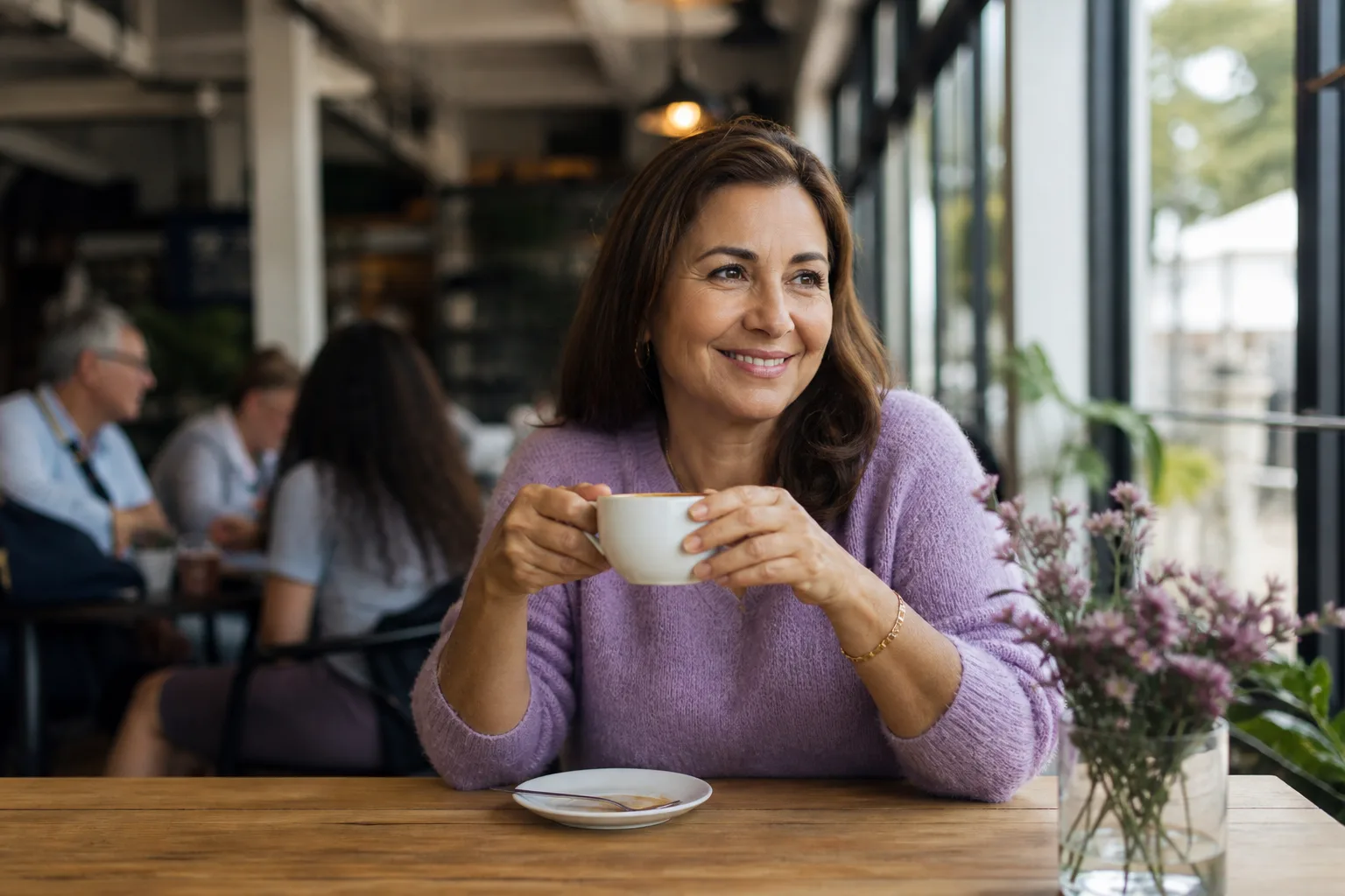 Two adults talking over coffee in Newcastle upon Tyne