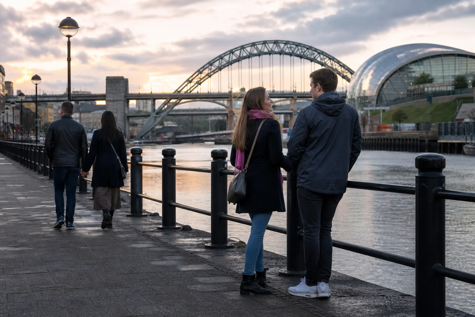 Couple walking beside the River Tyne with Newcastle and Gateshead bridges in view