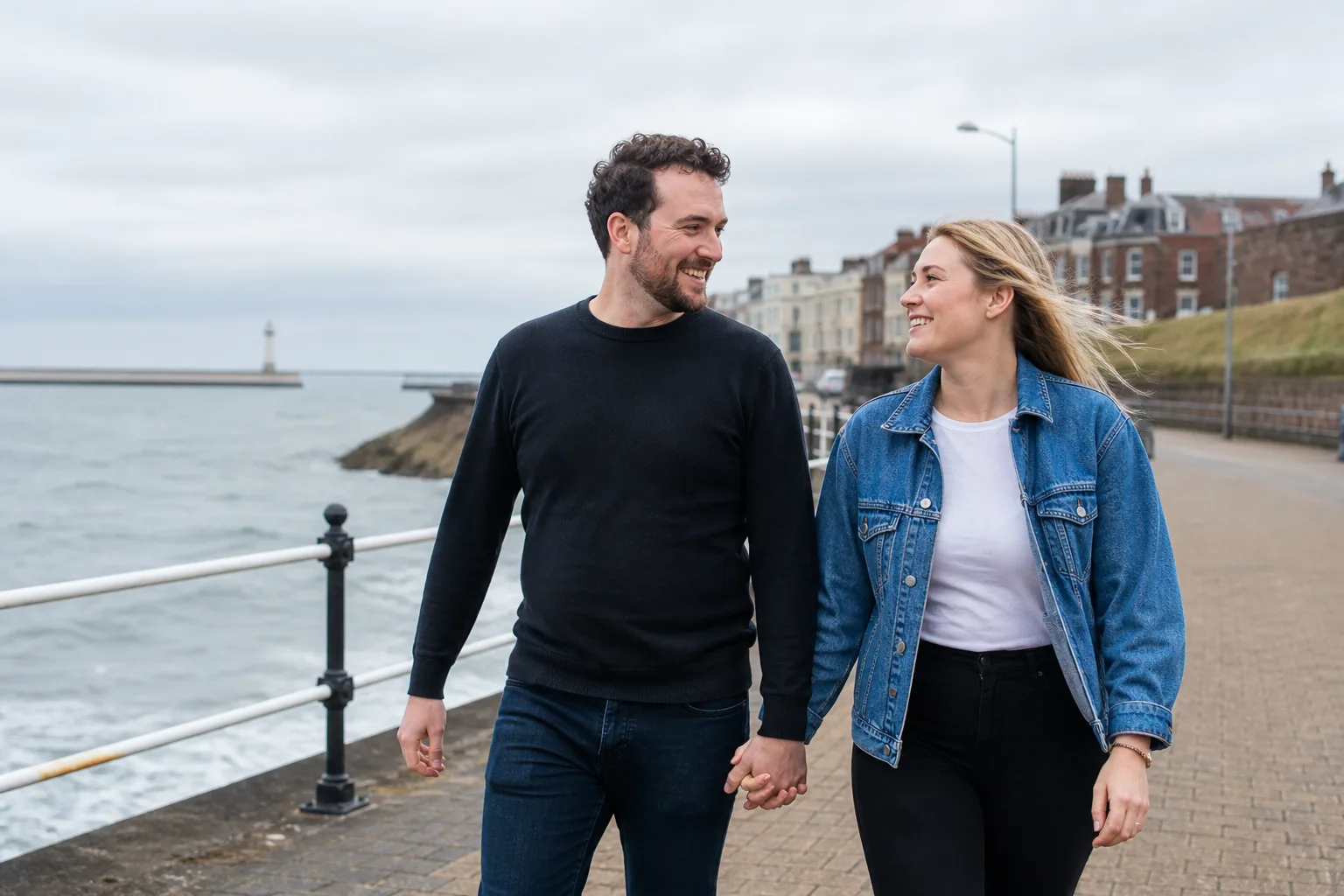 Two people talking beside the sea at Roker in Sunderland