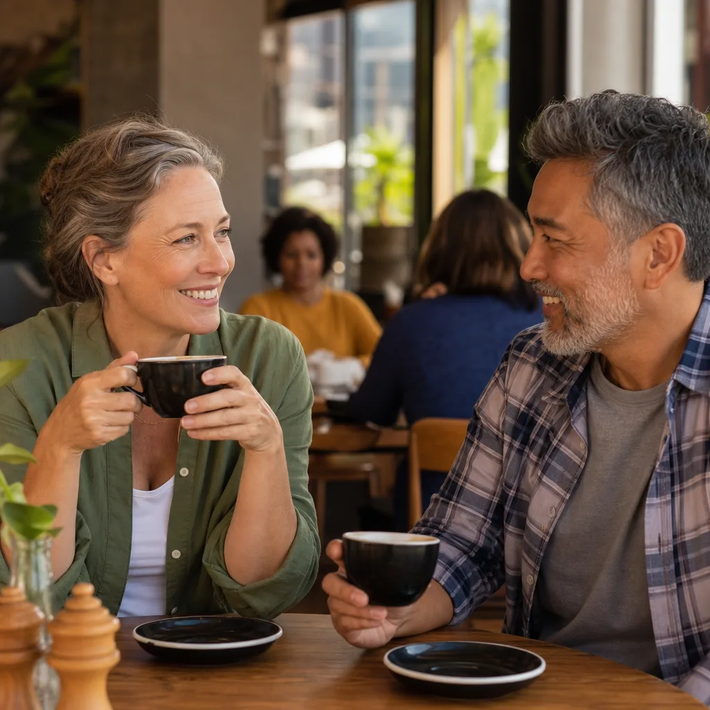 Two mature adults having coffee together in central Newcastle upon Tyne