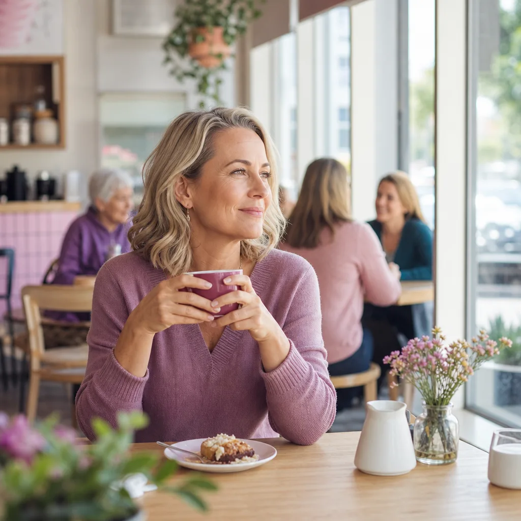 Woman enjoying a relaxed conversation at a Tyne and Wear cafe