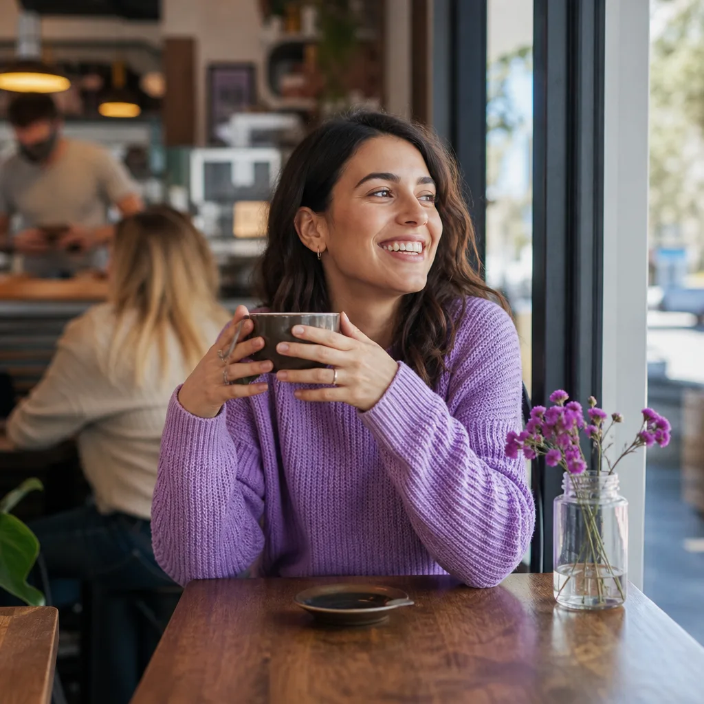 Single woman using a dating site on her phone at a Tyne and Wear café