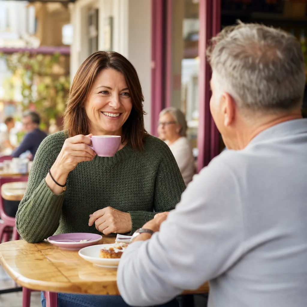Mature woman checking a dating profile on her phone in a public café