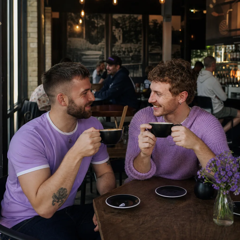 Gay couple talking over coffee at a relaxed venue in Durham