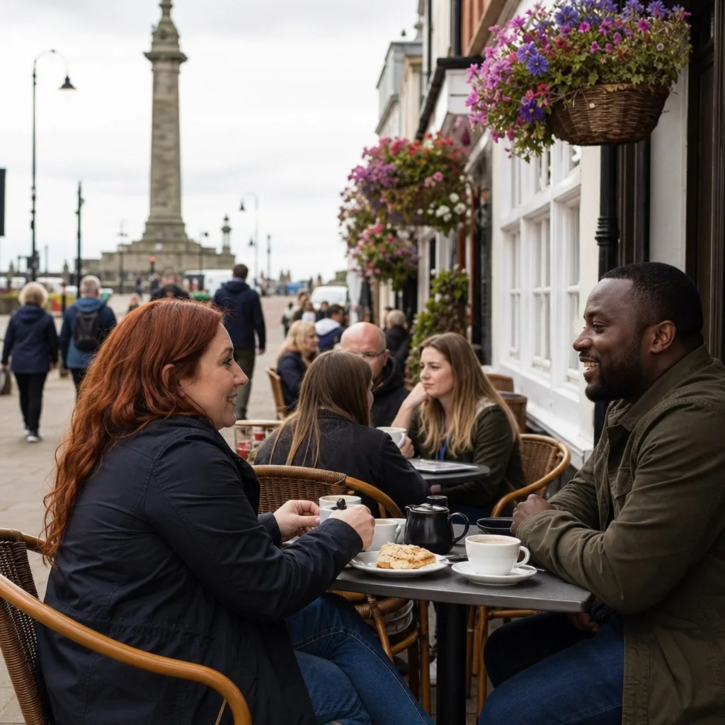 Two adults meeting for coffee in a busy public venue in South Shields